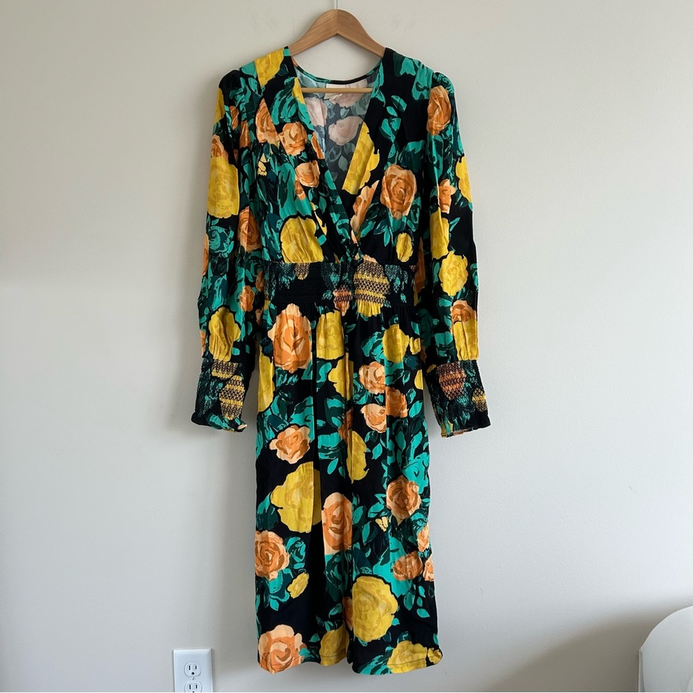 Anthropologie Floral Tie Back Midi Dress Green Long Sleeve V-Neck - Picture 3 of 9